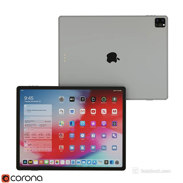 Apple Tablet With Home Screen App Icons And Gray Back Design 3d model