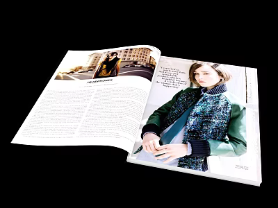 Fashion Magazine Open Pages With Stylish Person Portrait Photo Street View Image And Text Content 3d model