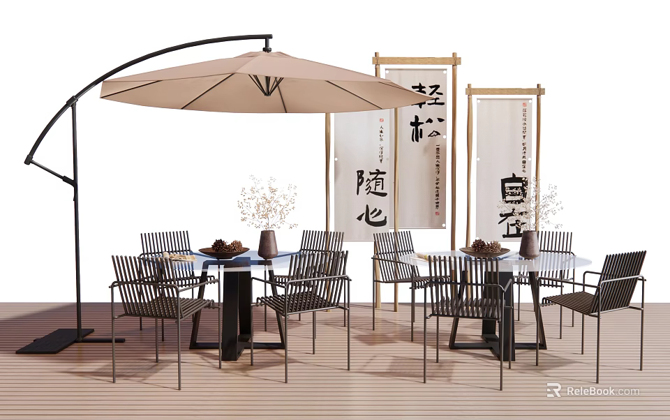 Outdoor Japanese Style Table And Chair Set With Black Metal Frame Rattan Chairs Sunshade Umbrella 3d model 