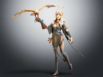 Mythical Female Character In Ornate Armor With Antler Headdress Holding Eagle And Bow 3d model