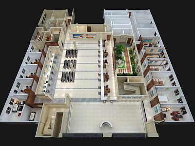 Government Service Hall Layout With Multiple Service Windows Waiting Area And Green Plants 3d model