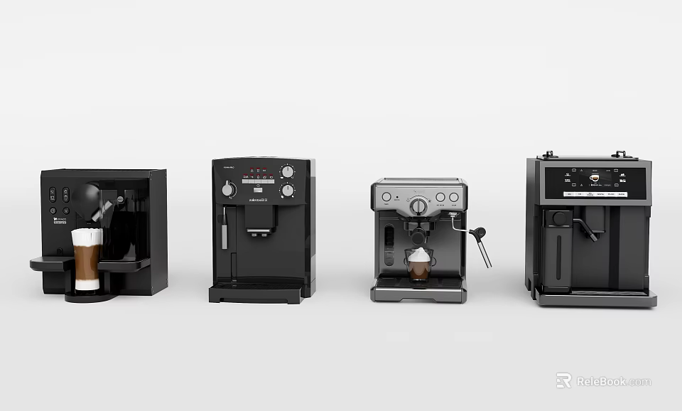 Different Types of Black Kitchen Coffee Machines With Coffee Cups 3d model 