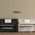 Poliform Black And White Pianos With Sheet Music And Stools On Beige Wall Wooden Floor