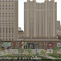 Bustling Commercial Street With High Rise Buildings Shops Trees And Parking Area