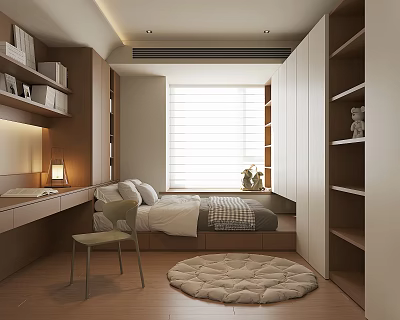 Modern Tatami Bedroom Interior Design With Built in Bookshelves Desk And Round Rug 3d model