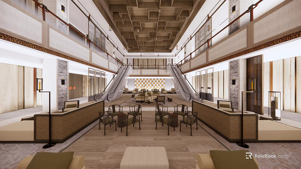 Hotel Lobby Interior With Reception Desk Staircase Seating And Ceiling Design 3d model 