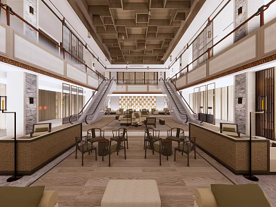 Hotel Lobby Interior With Reception Desk Staircase Seating And Ceiling Design 3d model