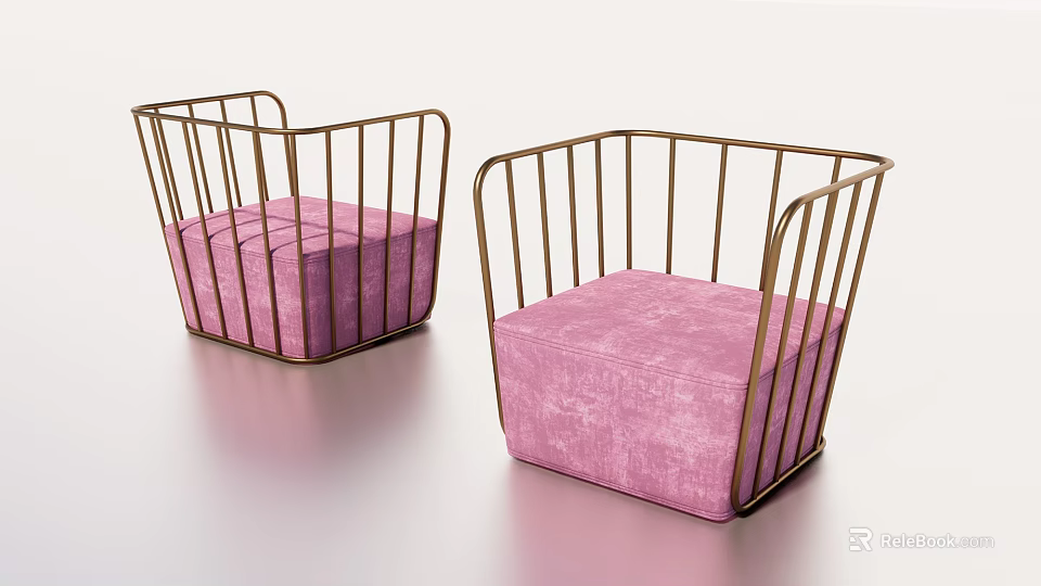 Elegant Single Sofa With Pink Velvet Cushion And Gold Metal Frame Design 3d model 
