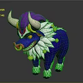 Colorful Bull 3D Model With White Horns Purple Head Blue Fluffy Fur And Yellow Decorations
