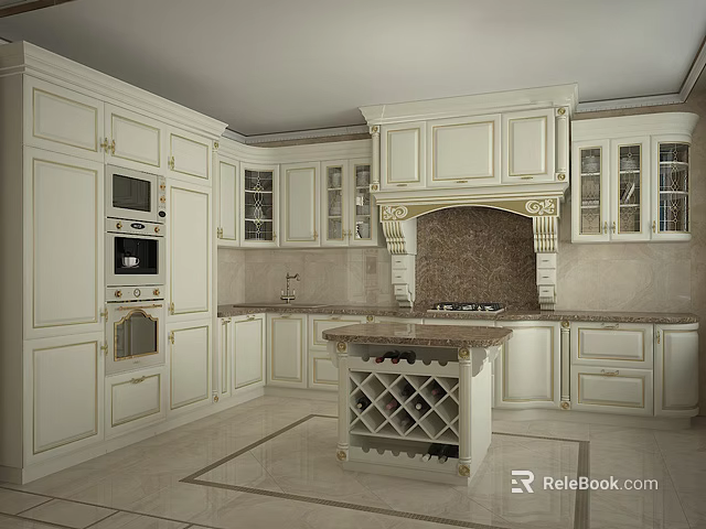 Traditional White Kitchen Cabinets With Island Wine Rack Oven And Sink 3d model 