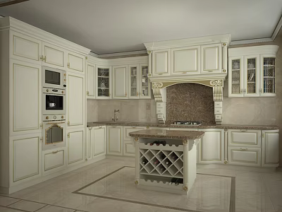 Traditional White Kitchen Cabinets With Island Wine Rack Oven And Sink 3d model