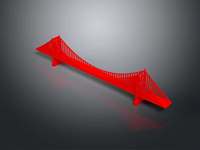 Red Suspension Bridge Model With Tower Structures And Steel Cables Design 3d model