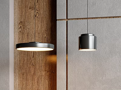Modern Circular And Cylindrical Pendant Lights Against Wooden And Gray Textured Wall Interior 3d model