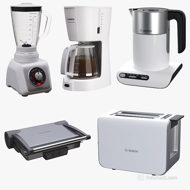 Essential Modern Kitchen Appliances Including Blender Coffee Maker Toaster and Grill 3d model