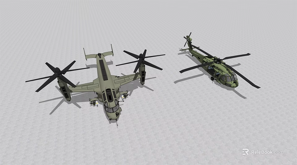 Two Army Green Military Helicopter 3D Models on Grid Ground Surface 3d model 