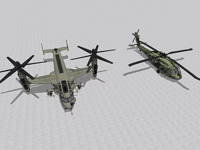 Two Army Green Military Helicopter 3D Models on Grid Ground Surface 3d model