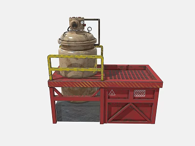 Industrial Equipment With Large Reactor On Red Metal Frame Platform Yellow Guardrail And Warning Sign 3d model