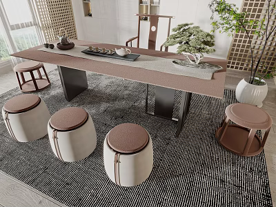 Elegant Chinese Style Tea Table with Stools Tea Set and Green Plant on Woven Carpet 3d model