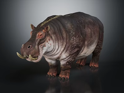 Realistic Large Hippopotamus Standing With Brown Gray Skin And Prominent Tusks 3d model