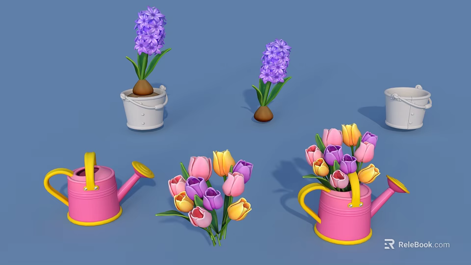 Cartoon Scene with Purple Hyacinths Pink Yellow Tulips Pink Watering Cans and White Buckets 3d model 
