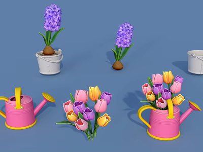 Cartoon Scene with Purple Hyacinths Pink Yellow Tulips Pink Watering Cans and White Buckets 3d model