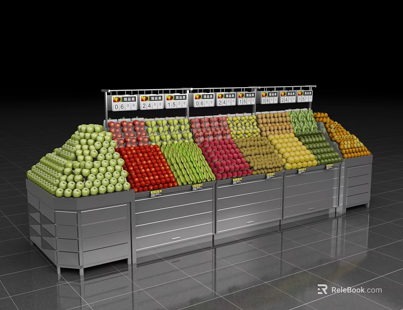 Retail Display Shelves with Organized Colorful Fresh Fruits in Modern Store Setup 3d model 