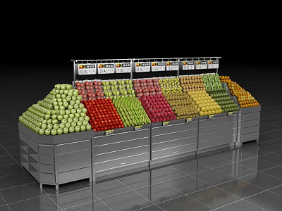 Retail Display Shelves with Organized Colorful Fresh Fruits in Modern Store Setup 3d model