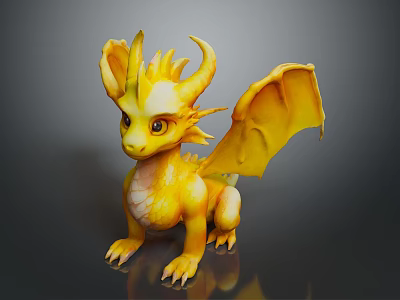 Cute Yellow Baby Dragon Figurine With Horns Wings And Scales 3d model