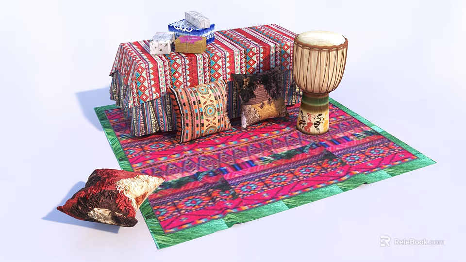 Colorful Decorative Ornament Set With Patterned Rug Pillows Drum And Table Cloth 3d model