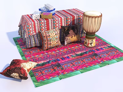 Colorful Decorative Ornament Set With Patterned Rug Pillows Drum And Table Cloth 3d model