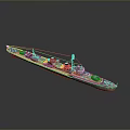 Detailed Scale Model Warship With Deck Turrets And Red Hull Design