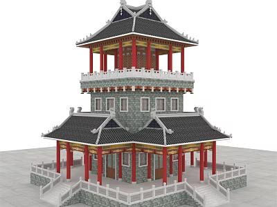 Ancient Architecture Multistory Tower With Overhanging Eaves Red Pillars Gray Walls Black Tiles Stone Railings 3d model