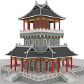Ancient Architecture Multistory Tower With Overhanging Eaves Red Pillars Gray Walls Black Tiles Stone Railings