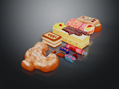 Display Of Assorted Delicious Foods With Donut Cakes And Colorful Candies 3d model
