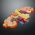 Display Of Assorted Delicious Foods With Donut Cakes And Colorful Candies