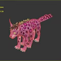 Pink Feline Fantasy Creature with Purple Spots Pointed Ears Mane and Long Tail White Paws