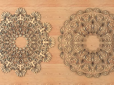 Ornate Wooden Carved Decorative Pieces Featuring Intricate Circular Patterns On Surface 3d model