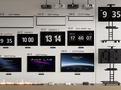 Multiple Wall Mounted TVs With Various Sizes Time Display And Projectors In Lab Setup 3d model