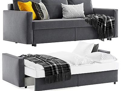Gray Convertible Sofa Bed With Yellow Pillows And Plaid Blanket 3d model