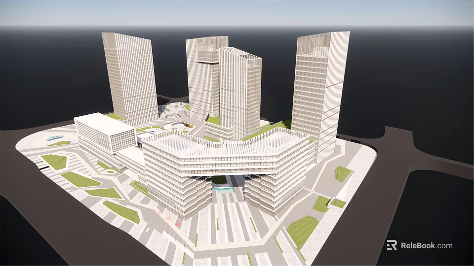 Modern Office Building Complex With Multi Tower Design And Green Open Spaces 3d model