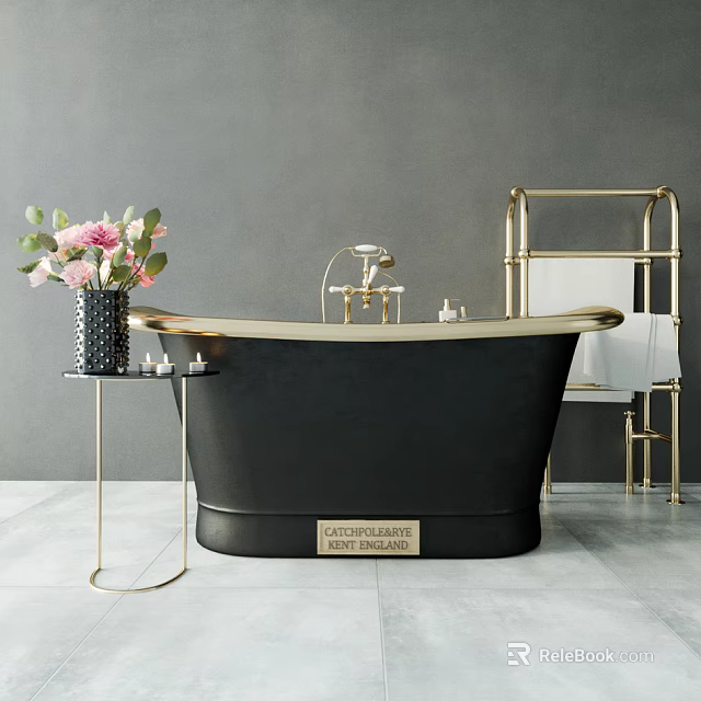Elegant Black Freestanding Bathtub with Gold Faucet Towel Rack Flower Vase and Gray Wall 3d model 