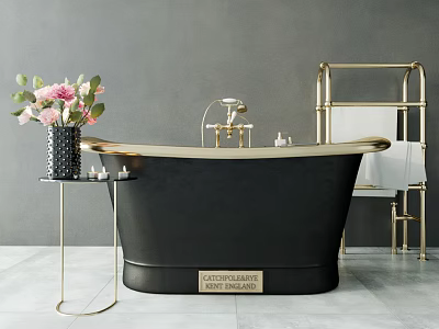 Elegant Black Freestanding Bathtub with Gold Faucet Towel Rack Flower Vase and Gray Wall 3d model