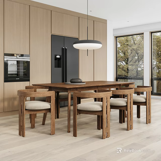 Modern Restaurant Interior With Wooden Dining Table Chairs Pendant Light Cabinets Windows And Natural Light 3d model 