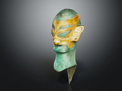 Ancient Greenish Bronze Mask Featuring Golden Accents And Intricate Facial Details 3d model