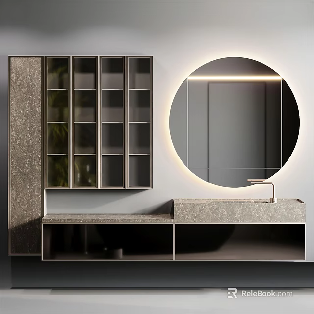 Modern Bathroom Vanity With Round Backlit Mirror And Marble Countertop Storage Cabinets 3d model