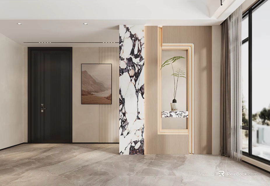 Modern Entryway Hallway Interior With Marble Partition Wooden Accents And Green Plant 3d model 