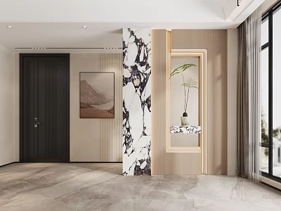 Modern Entryway Hallway Interior With Marble Partition Wooden Accents And Green Plant 3d model