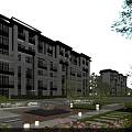 Modern Residential Building Exterior with Landscaped Garden Water Feature and Trees