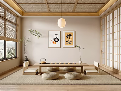 Japanese Style Tea Room With Tatami Low Tea Table Tea Cups Lantern And Bamboo Blinds 3d model
