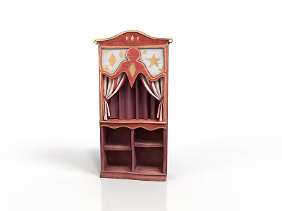 Red Arched Top Cabinet With Gold Accents Star Patterns And Open Shelves 3d model